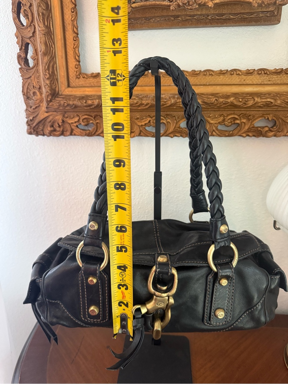 Francesco Biasia Black Braided-Handle Leather Shoulder Bag with Brass Hardware - Picture 14 of 14